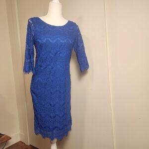 Bright Sapphire Cobalt Blue Eyelash Lace Quarter Sleeve Cocktail Dress Large EUC